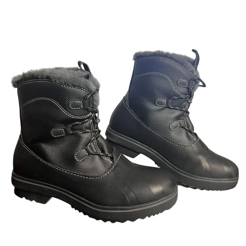 JBU Brisky Snow Boots Womens Size 6 Black Faux Fur Ankle Lace Up Winter